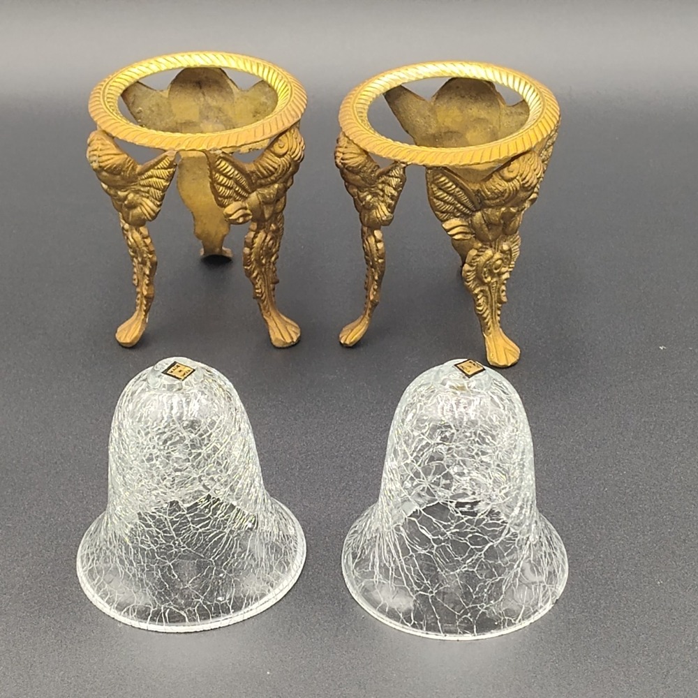 ✅📸Set-2 Brass Angel Footed Holder Vintage Cups Glass Candle Stand Orb India📏👀